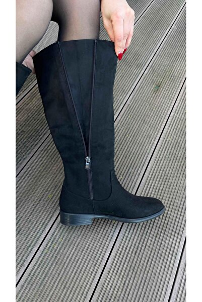 Elvinin Tarzı Alina Fermuarlı Düz Taban Çizme ( Siyah Süet )