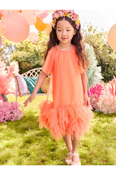 Next Baby Şeftali Turuncu - Ağ Parti Tütülü Kız Çocuk Elbisesi
