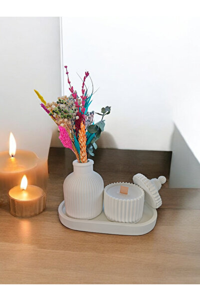 sihirli kutular Çizgili Tombul Vazo&kapaklı Ahşap Fitilli Mumluk&stant