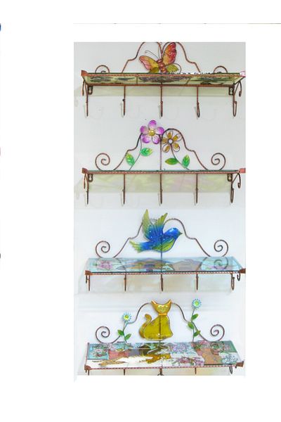 Luyano Wall Shelf Hanging Blue Bird Patterned Door Type Glass Metal 50 cm 1 Piece