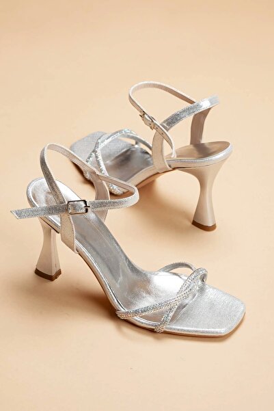 GULT Pantofi de damă cu perle argintie cu toc subțire de vară, brodate cu pia...