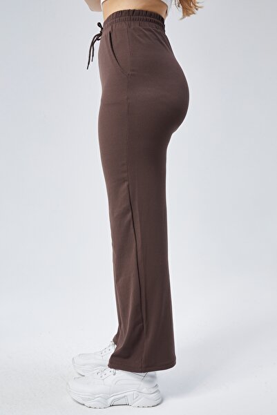 BANEGA Curve Kadın Kahverengi Çift Cepli Beli Lastikli Boru Paça Fitilli Tayt Eşofman Altı