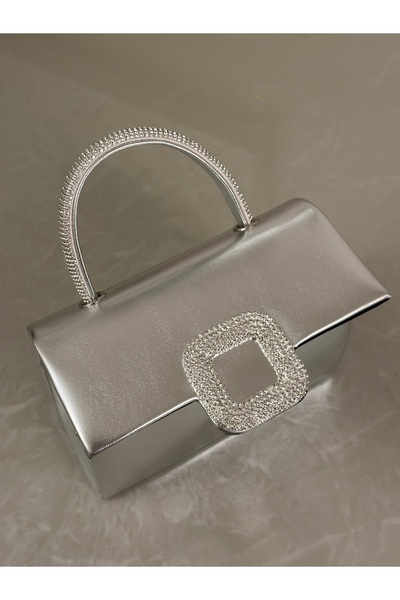 mossi Women's Shiny Silver Evening Dress Bag - Crystal Stone Buckle Evening Dress Bag