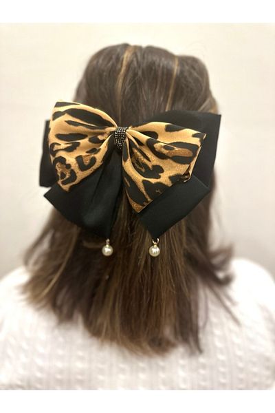 alsaccessories Γυναικεία μαύρη αγκράφα με λεοπάρ μοτίβο με κλιπ με πέρλες