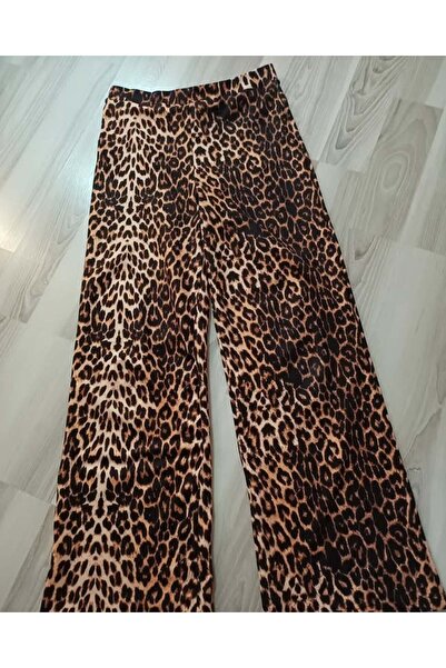Moda Cilve Palazzo Bol Paça Esnek Ve Likralı Yüksek Bel Kadın Leopar Pantolon