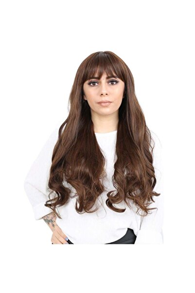 Nurdan Trend Peruk شعر مستعار صناعي طويل مموج من الألياف مع غرة - بني كراميل