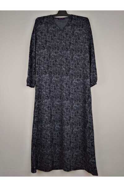 YAŞAR TRİKO Γυναικείο φόρεμα με μπλέ μπλέ μοτίβο με λαιμόκοψη V με μακρύ μανίκι και ελαστικά στους αγκώνες Lizzy Seasonal Mother Dress