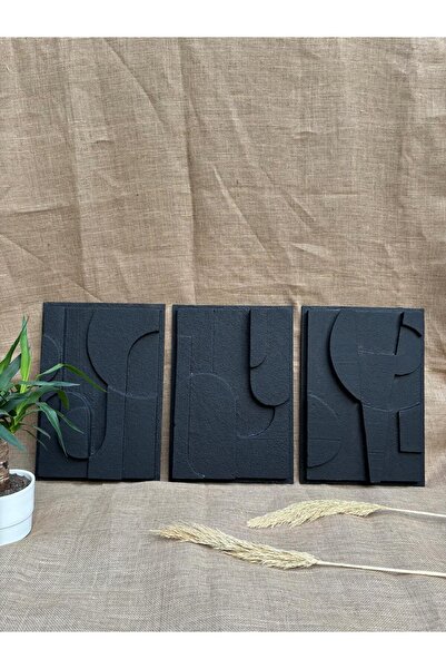 OLA CONCEPT El Yapımı 3'lü Her Biri 50 x 70 cm Kum Dokulu Soyut Sanat Tablo M...