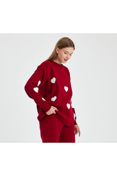 Hazinedan Women's Red Heart Knitwear Long Sleeve Sweater