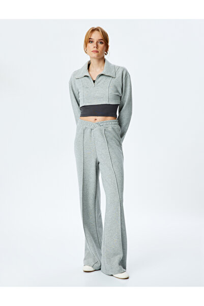 Koton Women's Grey Ribbed Wide-Leg Sweatpants