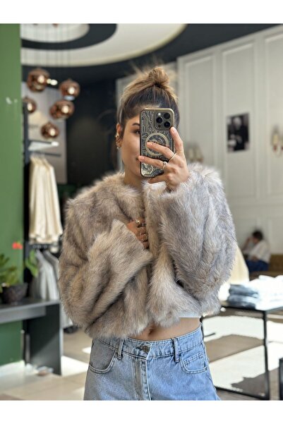 İstanbul Yakasiz Çift Renk Kürk-kahverengi - 36