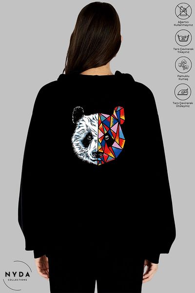 Nyda Collections Πολύχρωμο Panda Printed Μαύρο Χειμερινό Βαμβακερό Μπουφάν - Με φερμουάρ και τσέπες