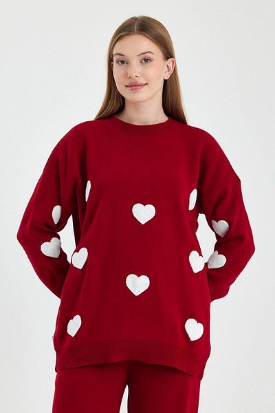 Hazinedan Women's Red Heart Knitwear Long Sleeve Sweater