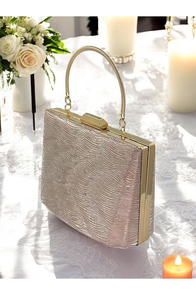 Biçanta Model cu laser Rosegold - Geantă de rochie de seară de dimensiuni mari cu curea de lanț
