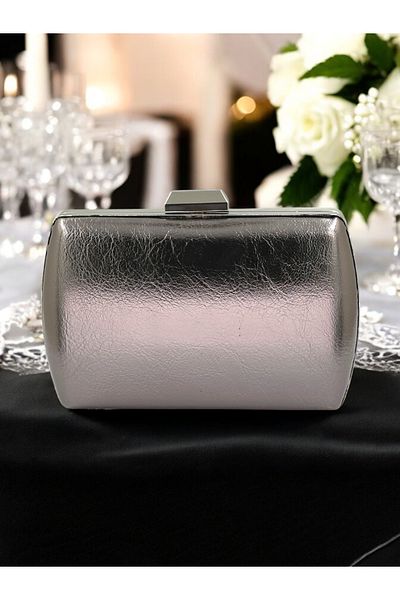 Biçanta Anthracite Grey Platinum - Δερμάτινη βραδινή τσάντα με λουράκι αλυσίδας, μεταλλικό χρώμα με ζάρωμα, για αποφοίτηση αρραβώνων γάμου