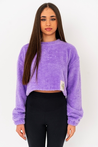 bysezerozer Welsoft Double Sided Polar Crop Sweatshirt Oversize Bluz with Slogan
