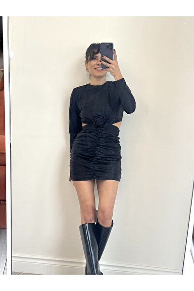 İstanbul Bel Pencereli Gül Detay Elbise-Altin - XL