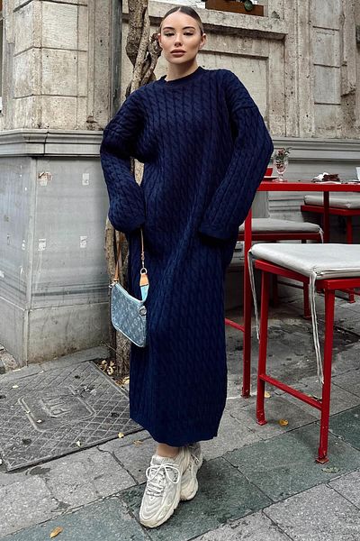 Swist Γυναικείο πλεκτό μίντι φόρεμα Navy Blue Crew Neck Μαλλιά πλεκτό