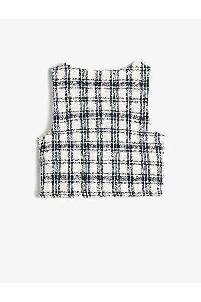 Koton Square neck button detail plaid tweed vest .