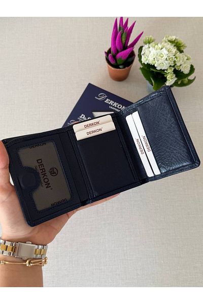 DERKON Navy Blue Sakura Model Men's Wallet - Genuine Leather, Magnet Fold