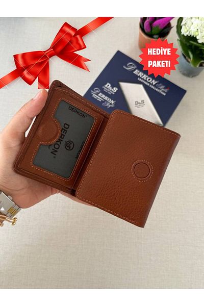 DERKON Men's Wallet - Genuine Leather, Magnet Fold, Sakura Model, Tan