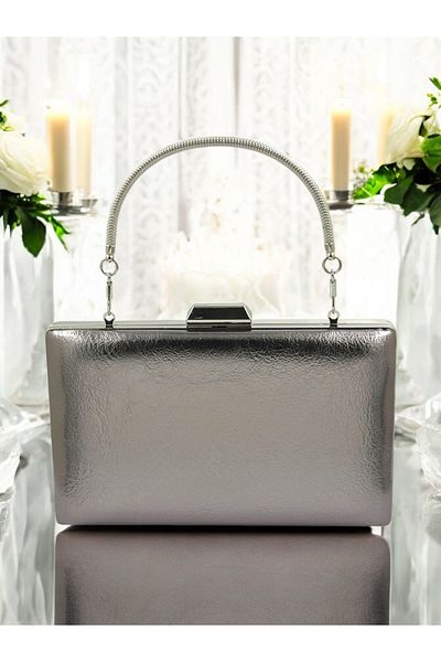 Biçanta Anthracite Grey Platinum - Δερμάτινη βραδινή τσάντα φορέματος με λουράκι αλυσίδας, για αποφοίτηση και αρραβώνα