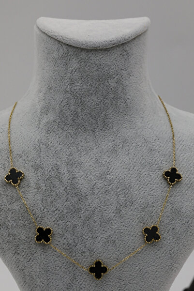 Inure Jewelry Black Clover Siyah Yonca Taşlı Gold Zincirli Yonca Model Çelik Kolye