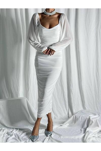 BEAUTY FASHİON Kadın Abiye Uzun Transparan Kol Drapeli Midi Bodycon Tül Elbis...