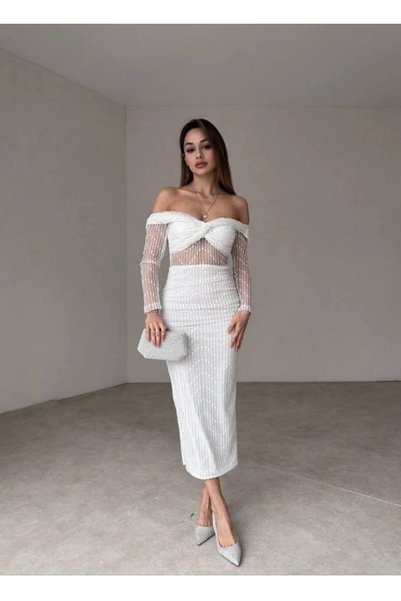 BEAUTY FASHİON Kadın Abiye Tül İşlemeli Transparan Göbek Detaylı Midi Elbise ...
