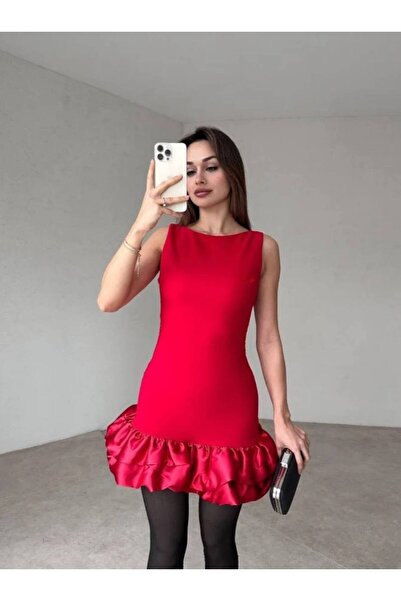 BEAUTY FASHİON Kadın Abiye Sırt Dekolteli Kalın Askılı Eteği Fırfırlı Mini Elbise - Abiye & Mezuniyet Elbisesi