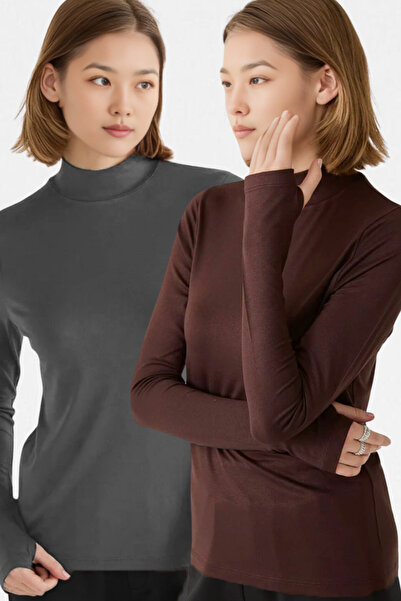 VODENS Γυναικείο καφέ ανθρακί 2 τεμαχίων εξαιρετικά μαλακό σώμα με λεπτομέρεια στα δάχτυλα