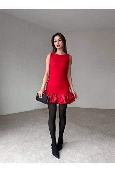 BEAUTY FASHİON Kadın Abiye Sırt Dekolteli Kalın Askılı Eteği Fırfırlı Mini Elbise - Abiye & Mezuniyet Elbisesi