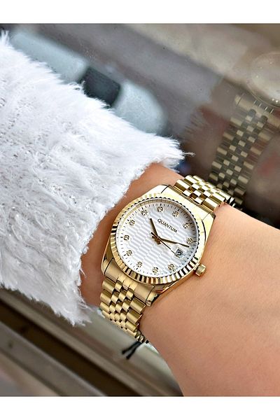 Quantum Gold Color with Calendar 5 Atm Waterproof Steel Band Women's Wristwatch 1042