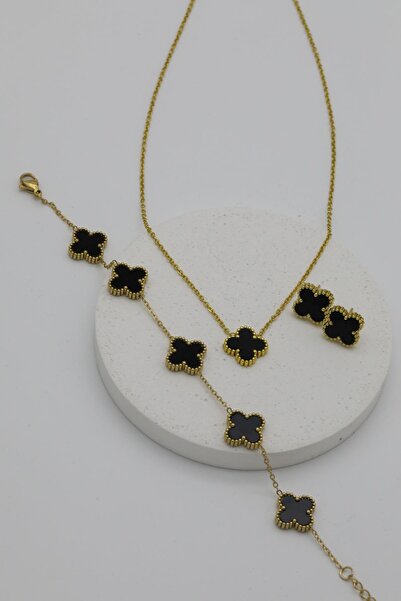 Inure Jewelry Yonca Model  Altın Kaplama Çerçeve ve Zincir (Kolye & Bileklik & Küpe) 3'lü Set