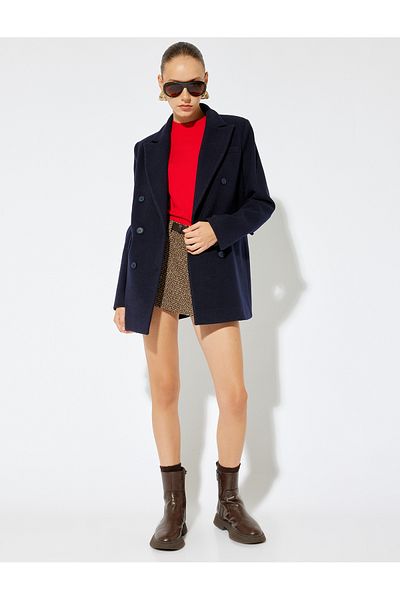Koton Dark Blue Women's Buttoned Overcoat