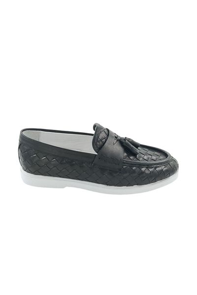 MİLONEK 202413471201   Men's Black Straw Loafer - Tasseled Casual Shoes