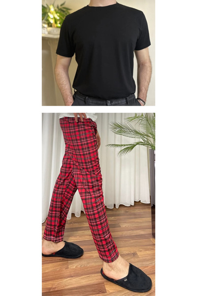 Betimoda Червоно-чорний Regular Fit Нижній картатий бавовняний трикотажний велосипедний комір Чоловічий піжамний комплект