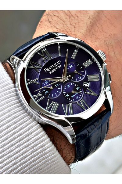 Ferrucci Function Function Dark Blue Color 3 Atm Waterproof Leather Cord Men's Wristwatch