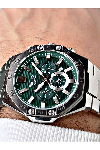 Ferrucci Function Steel Band Silver-Green Color Men's Wrist Watch 3 Atm Waterproof