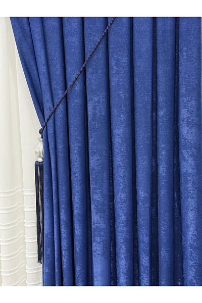 Fon Dünyası Velvet Textured Luxury Background Curtain Parliament Blue Tight Pleat (Single Wing)