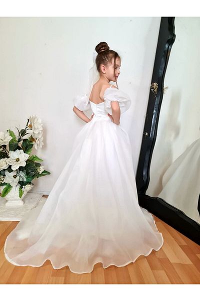 Sare Çocuk Giyim Girl's White Balloon Sleeve Detailed Princess Evening Dress with Train
