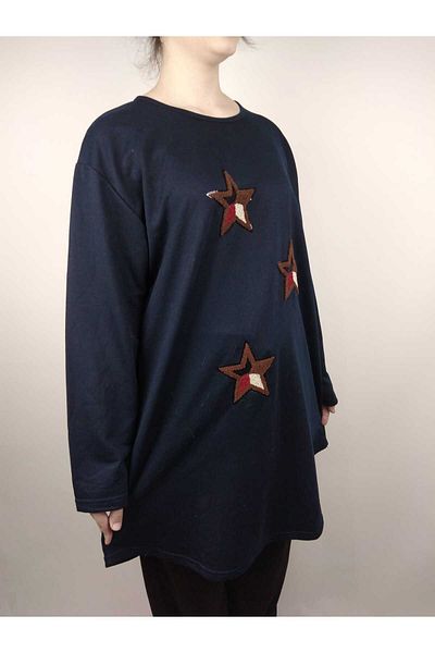 YAŞAR TRİKO Women's Navy Blue Crew Neck Long Sleeve Star Embroidered Two Thread Tunic
