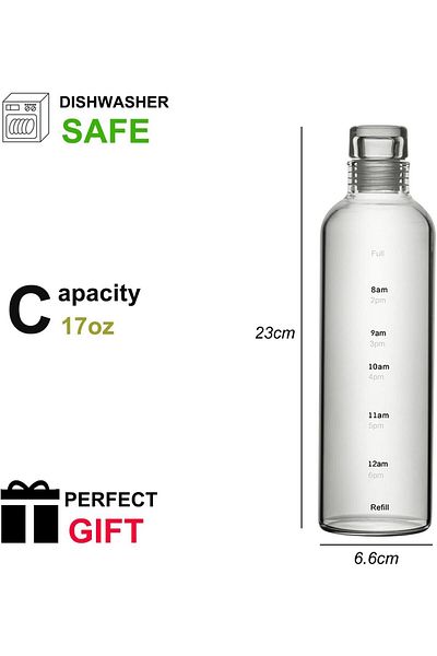 Home Zone 500ml Water Bottles with Time Marker Reusable Clear Glass Drinking Bottles