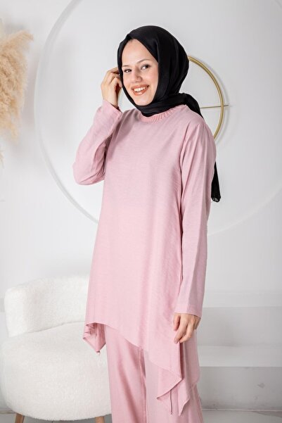 AlMarwah Asimetrik kesim pantolonlu almarwah takım pudra 202549