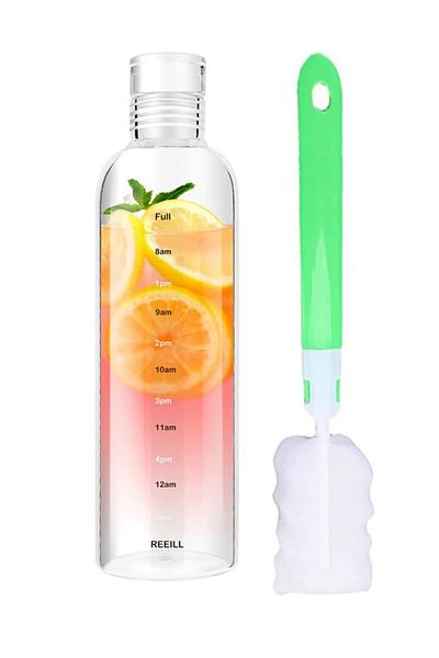 Home Zone 500ml Water Bottles with Time Marker Reusable Clear Glass Drinking Bottles
