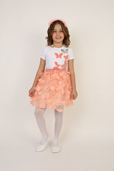 FATELLA Tricou cu detaliu fluture de culoare somon pentru fete, set cu fustă ...