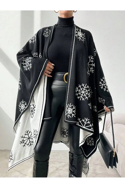 02Lady Fashion Дамски двустранен плетен шал-пончо със снежен мотив