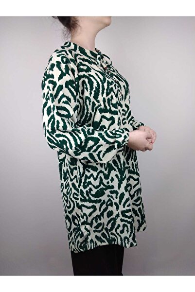 YAŞAR TRİKO Women's Beige Green Tie-Up Neckline Button-Down Long Sleeve Sleeve Ankle Elastic Ribbed Oval Hem Tunic