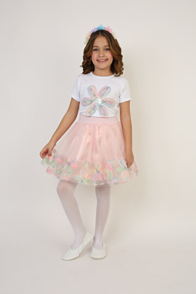 FATELLA Tricou cu model floral colorat pentru fete, set fustă pudră, ținută d...