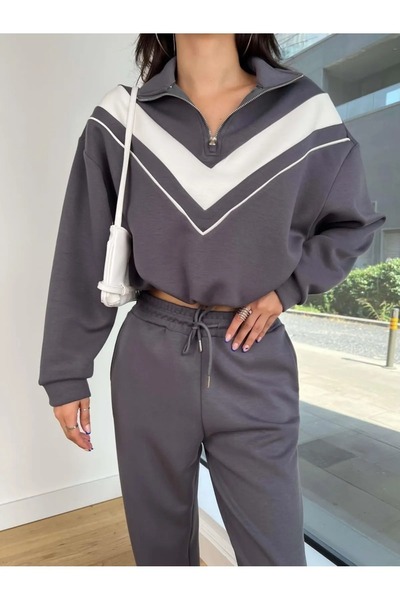 02Lady Fashion Stand Collar Half Zipper Garnished Modal Fabric Set